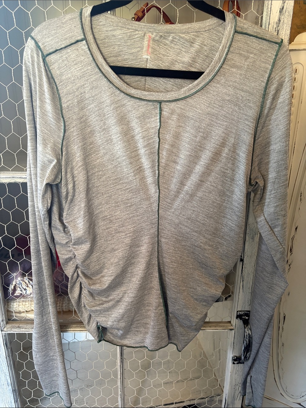 Free People Light Gray Long Sleeve Top with Green Stitching